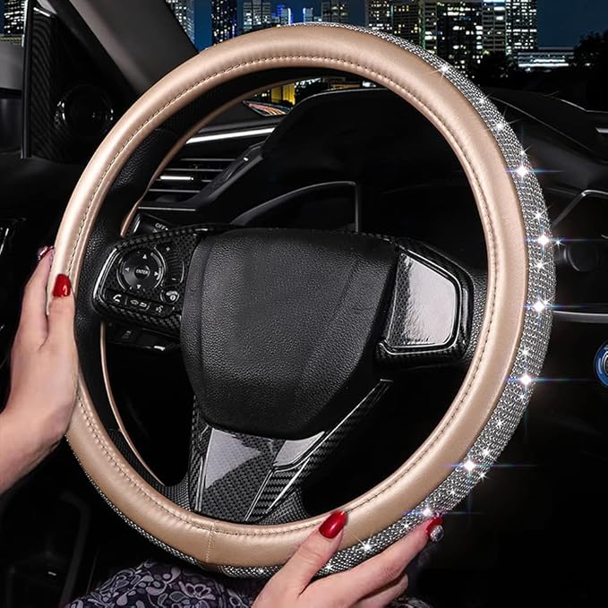 Bling Diamond Leather Steering Wheel Cover, Golden Steering Wheel Covers for Women Girls with Crystal Rhinestones, Universal Fit 14.5-15 Inch Car Steering Wheel Bling Cover Accessories