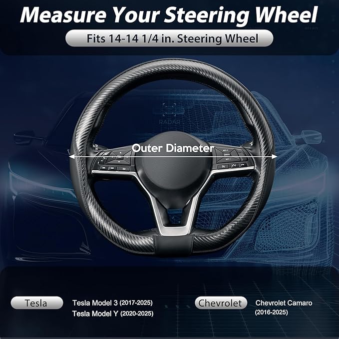 SEG Direct Flat Bottom Steering Wheel Cover, D Shaped Car Wheel Cover 14-14 1/4 in. (35.5-36 cm), for Tesla Model 3 / Y, for Camaro, Black Microfiber Leather with Carbon Fiber Pattern