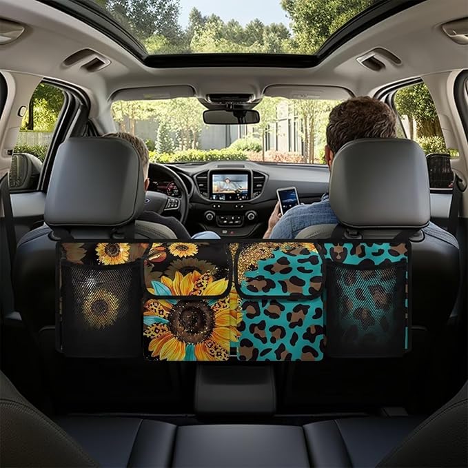 Sturdy Car Backseat Trunk Organizer Leopard Sunflower Pattern Trunk Storage Bag for SUVs, Vans, Cars Car Organization Women