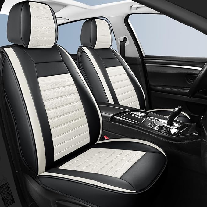 Car Seat Covers Full Set, Breathable Nappa Leather Seat Covers, Horizontal Stripes Automotive Seat Covers, Universal Seat Cushions for Sedan SUV Truck (5 PCS Full Set, Black + Cream)