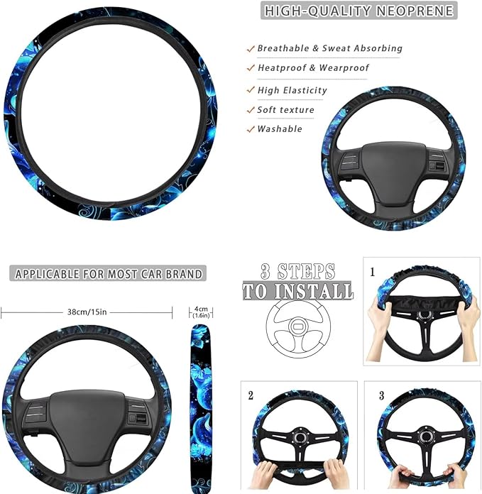 FKELYI Dolphin Universal Auto Seat Covers and Steering Wheel Protector, Car Gear Shifter Knob and Handbrake Cover, Headrest Covers, Cup Coasters