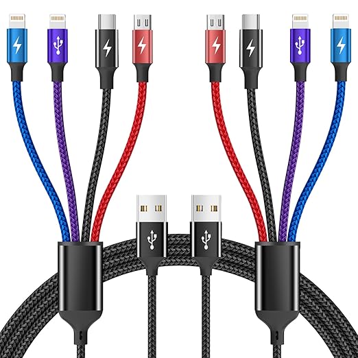 Multi Charging Cable [2Pack 5FT],Nylon Dual IP 4 in 1 Charging Cable, Multiple Charger Cord with IP/IP/Type C/Micro Port, Compatible with Most Cell Phones/Tablets and More