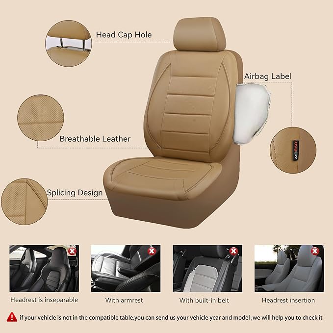 CAR PASS Piping Leather Seat Cover,Universal FIT with Composite Sponge Inside,Airbag Compatible and Reserved Opening Holes,Inside zipper for Cars,Sedan,SUV,Truck(Full Set,Beige with Tan Piping-Stripe)