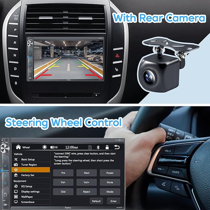 SJoyBring Double Din Car Stereo with Dash Cam, Wireless Apple CarPlay & Android Auto, 240W 4.2CHN, 7" Touchscreen, SWC, Bluetooth, FM/AM Car Radio, 2 Subwoofers Outputs, Backup Camera