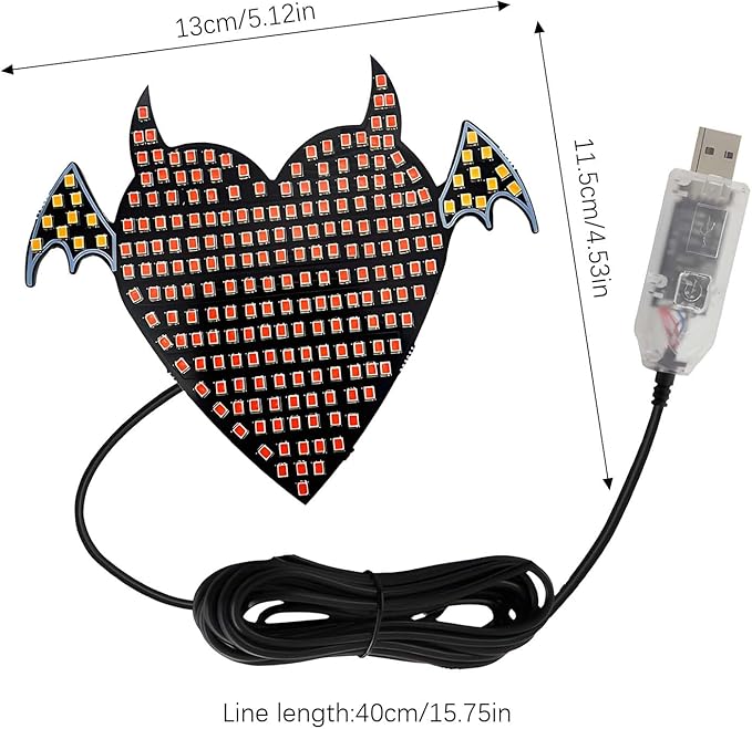 Car LED Heart Ambient Light Angel Devil Patterns,Rear & Side Window Decor,12 Lighting Modes USB Powered,Romantic Gift for Car Owners (Red Yellow Angel)