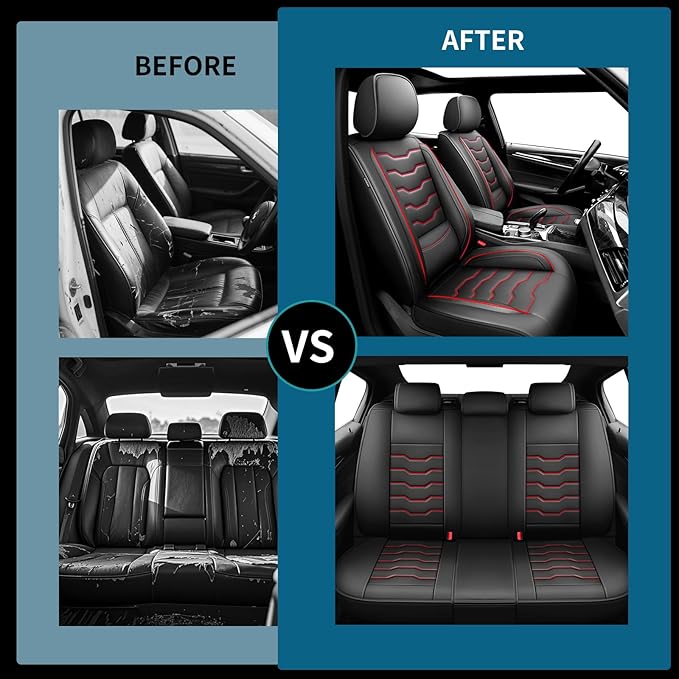 Fit Murano Car Seat Covers Compatible with Nissan Murano 2004-2025 2026 - Full Set Premium Leather， Waterproof Breathable， All-Weather Seat Cushion Protecto&Airbag Compatible（Red Line Black