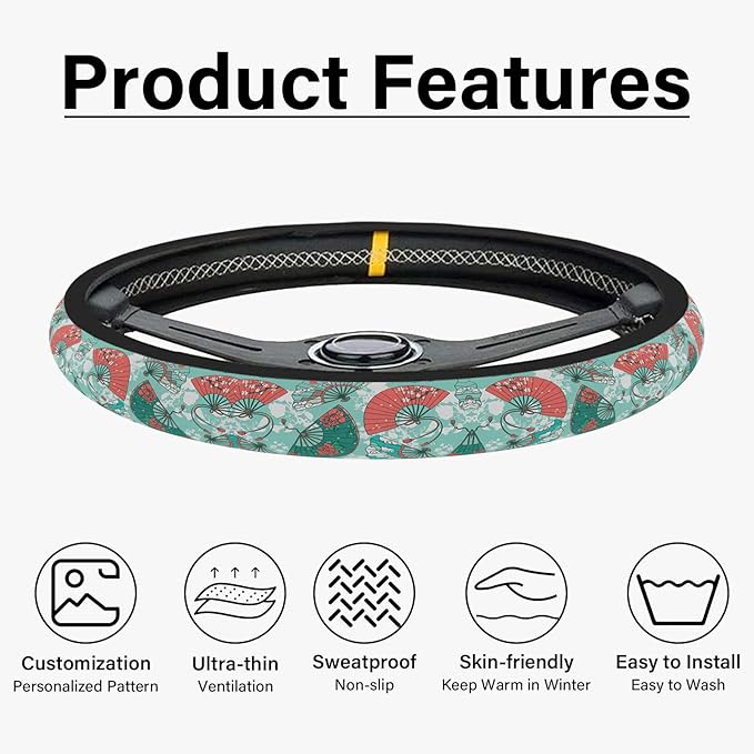 Green and Red Fan Steering Wheel Cover, Cute Print Steering Wheel Cover Protector, Ultra Thin Breathable Non-Slip, Car Accessories for Women, for Steering Wheel with a Diameter of 14.5"-15"