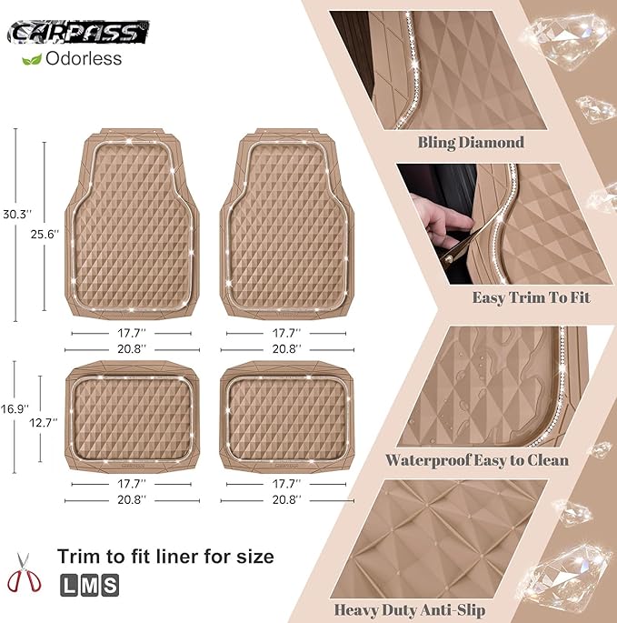 CAR PASS Bling Diamond Rubber Car Mats, Heavy Duty Deep Dish All-Weather Floor Mat Full Set Anti-Slip 3D Rhombus Waterproof Trim Fit Liner Universal Glitter Sparkly Shining Rhinestone, Beige Rubber