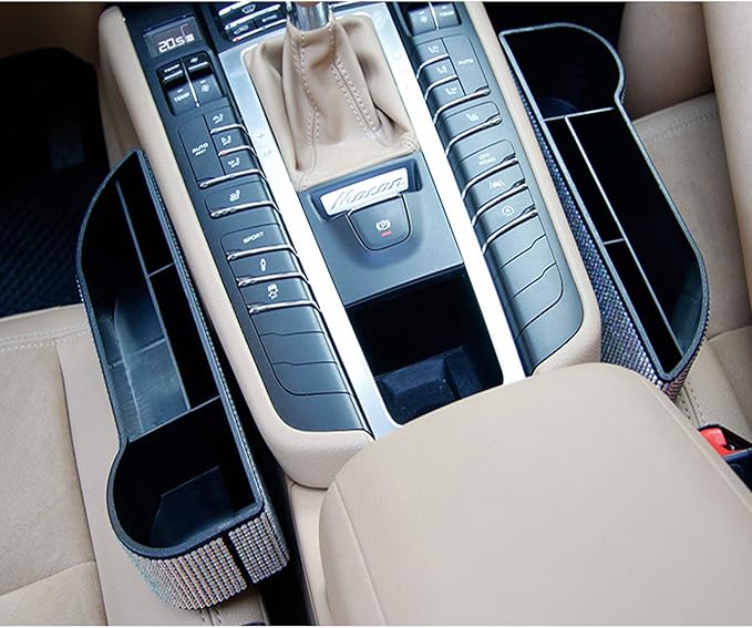 Car Seat Side Drop Organizer, Sparkle Car Seat Gap Filler, Car Seat Console Storage Organizer, Crystal Car Seat Pockets with Cup Holder and Two Charging Ports for Co-Driver.