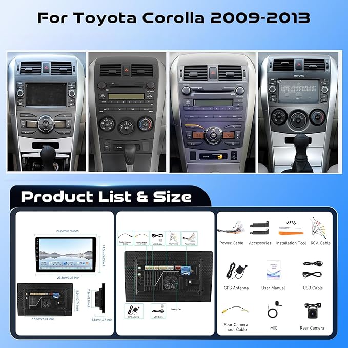 8-Core 4G+64G Qual-comm Snapdragon chip Car Radio for Toyota Corolla 2009-2013, Rimoody Car Stereo Carplay Android Auto 3D car Model Display GPS WiFi 9 Inch IPS Touchscreen Mirror Link Camera