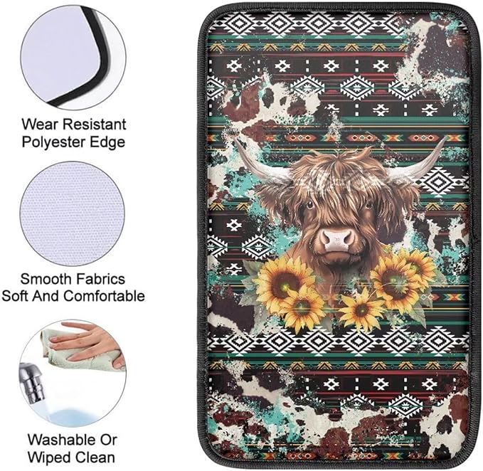 UNICEU Southwestern Cowhide Highland Cow Auto Center Console Pads Comfortable Non Slip Car Armrest Storage Box Mat Universal Fit Auto Interior Accessories for Women Men