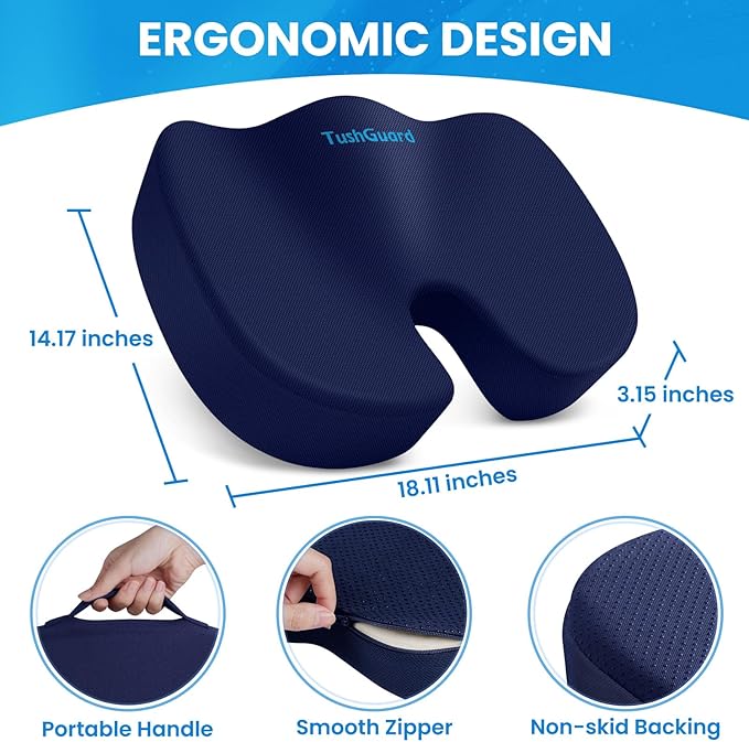 TushGuard Seat Cushion for Office Chair Memory Foam Non-Slip Cushion Back, Relief Chair Pad, Butt Pillow for Office Chair, Car, Computer Desk, Blue