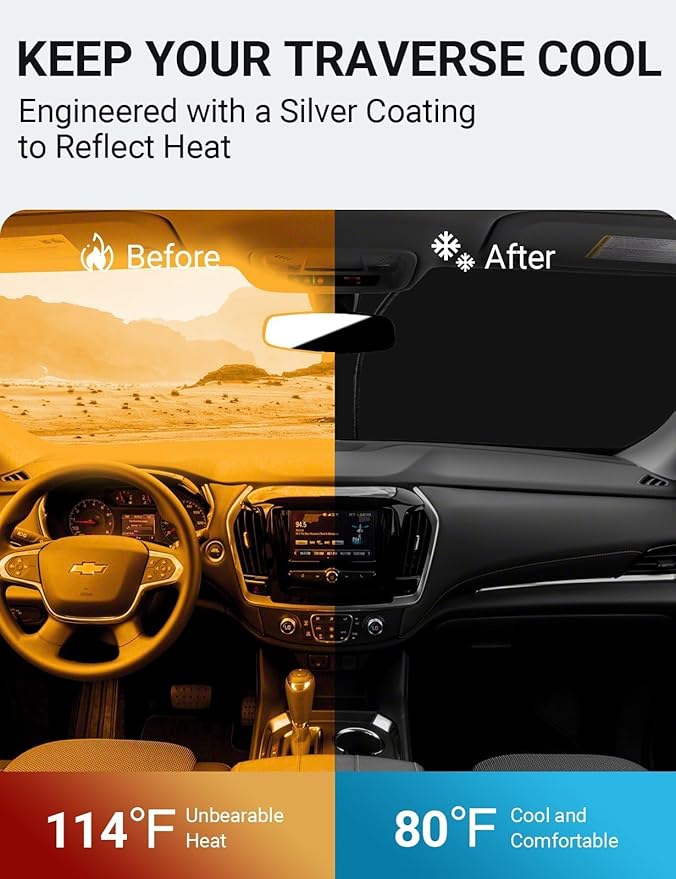 Proadsy 2026 Upgrade Front Windshield Sun Shade Foldable Sunshade Protector Custom Fit 2018-2023 Traverse LS, LT, RS, Redline, Premier, High Country SUV Accessories