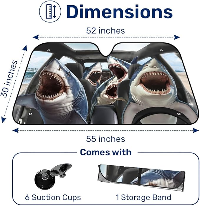 GENANY Shark Family Windshield Sun Shade for Car SUV Truck (55x30 Inches), Great White Shark Sun Shade Windshield, Shades for Front Windows, Halloween Auto Gift, Christmas Car Decor
