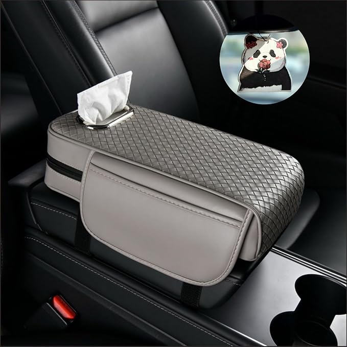 Car Armrest Cushion Cover Car Center Console Memory Foam Booster Pad with Storage Pocket and Tissue Hole for Sedan Vehicle (Grey, 12.99 * 7.09 * 2.95'' / 33 * 18 * 7.5 cm)