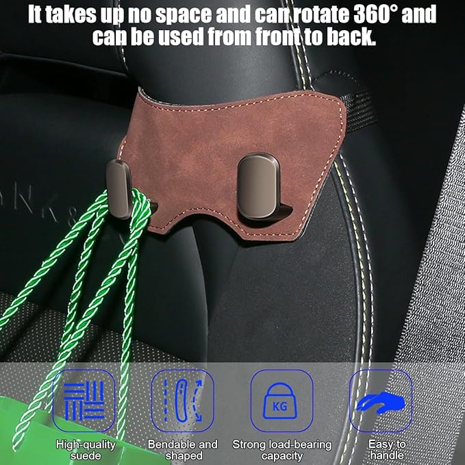 Car Headrest Hook, 2PCS Suede Vehicle Back Seat Storage Hanger with Double Metal Hook, Automotive Seatback Organizer for Purse Handbag Coat, Compatible with Most Sport Seat (Brown)