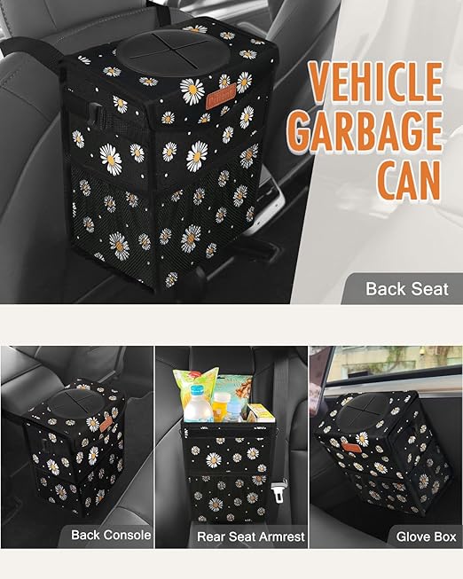 Pritent Car Trash Can with Lid, Cute Leakproof Car Trash Garbage Bag Hanging Vehicle Trash Bin Small Portable Automotive Garbage Cans Organizer for Back/Front Seat/Console(Trapezoid,Black Flower)