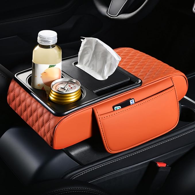 5-in-1 Car Armrest Pad Cushion, Water Ripple Embossed Center Console Booster Pad with Tissue Box, Cup Holder, Storage Bag, Phone Slot, Fit for Most Sedan Vehicles (Water Ripple Series, Black-Red)