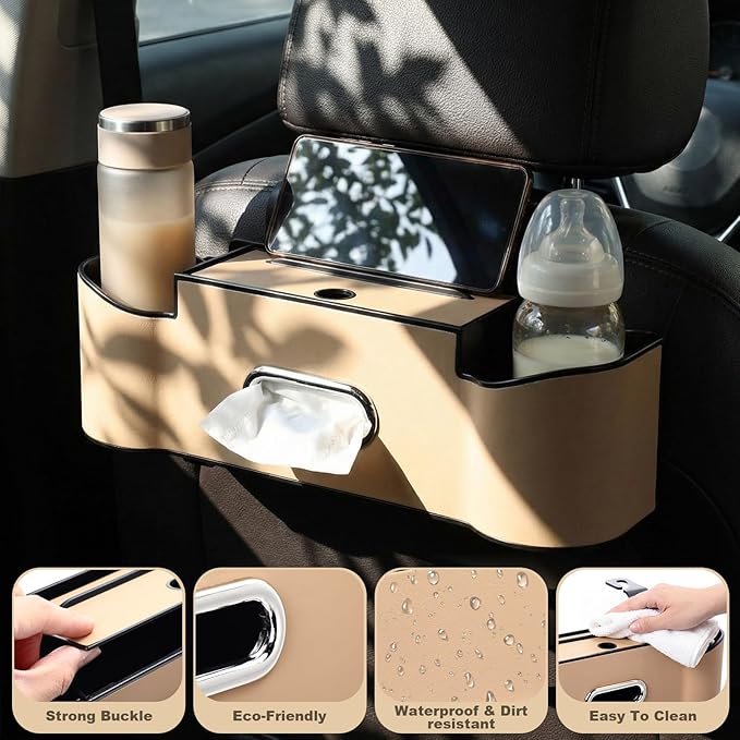 LemonRoad 2 Pack Multifunctional Car Seat Back Storage Box Car Seat Back Organizer with Tissue Box, 2 Cup Holders and Hooks for Hold Phone, Drinks, Handbag, Fits for Most Vehicles (Beige)