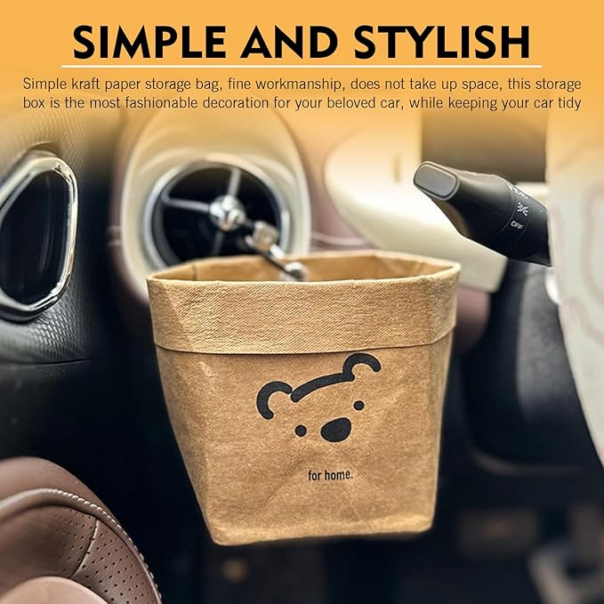 Car Storage Bag, 3.94" x 5.12" Washable Reusable Cute Bear Kraft Paper Car Organizer, Foldable Air Vent Mounted Trash Can, Back Seat Hanging Storage Box for Sunglasses Phone Card Key (Brown)