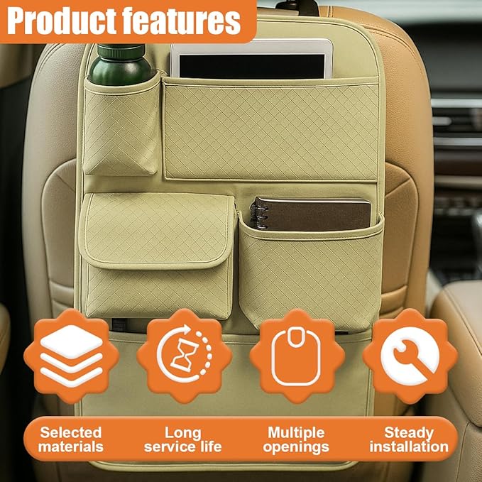Car Backseat Organizer, Leather Auto Seat Back Kick Mats Protector, Multi-Pocket Car Rear Seat Hanging Storage Bag with Tissue Holder, Travel Accessories for Most Cars SUV Truck (Beige)