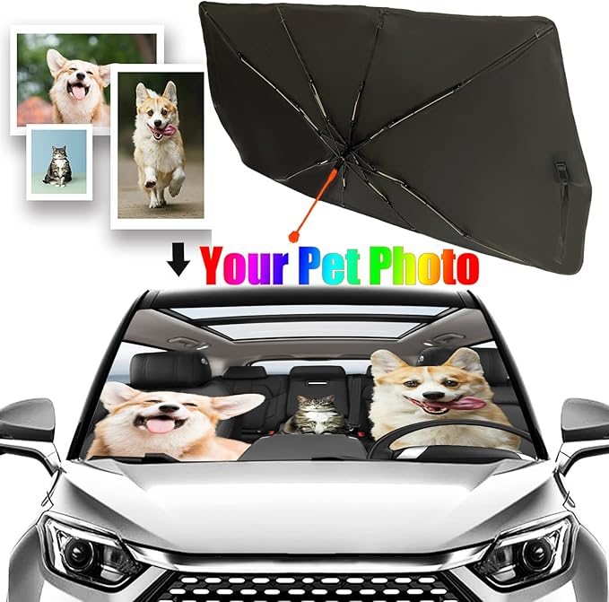 Socira Pet Dog Cat Custom Windshield Sun Shade Umbrella Foldable Personalized Car Visor Umbrella Customized Sun Shade Cover Sunshade Front Window Cover Car Accessories 57" X 30"