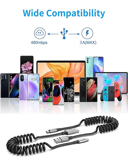 Coiled USB C Cable for Car 2Pack, 3A USB Type C Charger Cable Fast Charging, Retractable Android USB A to USB C Charge Cord for iPhone 17 16 15 Pro Max Plus, Galaxy S24 S23 S22, Note 20 10, Moto G, LG