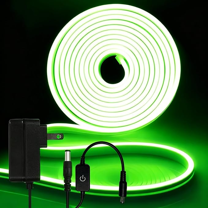 iNextStation 16.4FT/5M Green LED Strip Lights, DC12V Silicone Neon Light Strip, IP65 Waterproof Led Rope Lights Dimmer for Cuttable DIY, LED Light Strip for Bedroom, Indoor, Outdoor(with Plug)