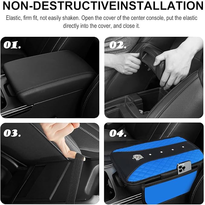 NBTEPEM Bling Crown Car Center Console Armrest Cover, Leather Middle Console Cover Cushion with 2 Storage Bags, Car Armrest Storage Box Interior Accessories for Most Vehicles(Blue)