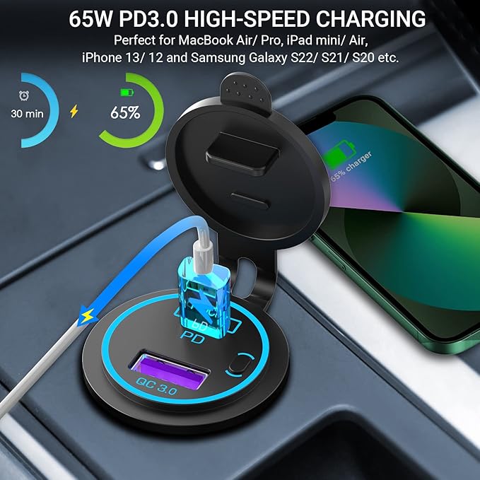 83W 12V USB Outlet Laptop Charger: 2 Pack 65W USB-C PD3.0 and 18W QC3.0 Multi Car Port 12V Socket Waterproof with Power Switch for Car Boat Marine Bus Truck Golf Cart RV Moto, etc.