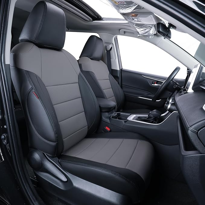 coverdream Rav4 Seat Covers Custom Fit for 2019-2024 2025 Toyota Rav4 Hybrid (Not for XSE/SE/Plug-in Hybrid) SUV,Fully Covered,Waterproof Leather Car Seat Protector(Full Set,Black/Gray)