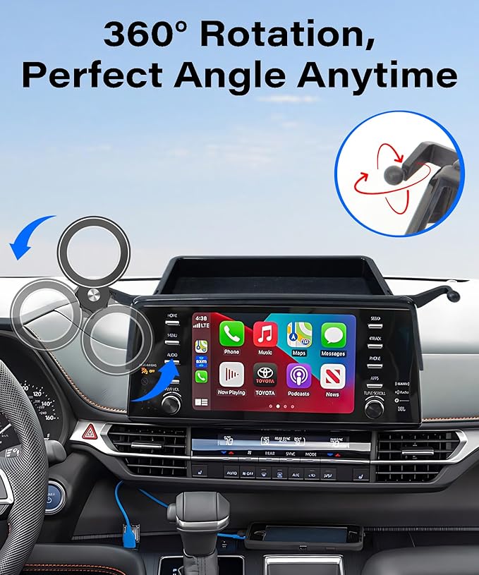 Car Phone Holder for Toyota Sienna 2021-2024 Accessories Magnetic Cell Phone Mount Apply to 9 Inch Screen Fixed Clip Hands-Free 360 Degree Rotation with Dashboard Storage Tray