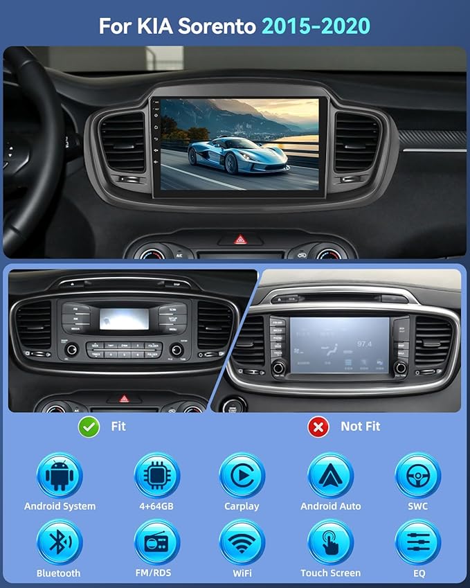 4+64G for KIA Sorento 2015 2016 2017 2018 2019 2020 Android Car Stereo with Wireless Carplay and Android Auto - 10 Inch HD Touchscreen Radio with 32EQ DSP/WiFi/GPS/Mirror Link, AHD Rear View Camera