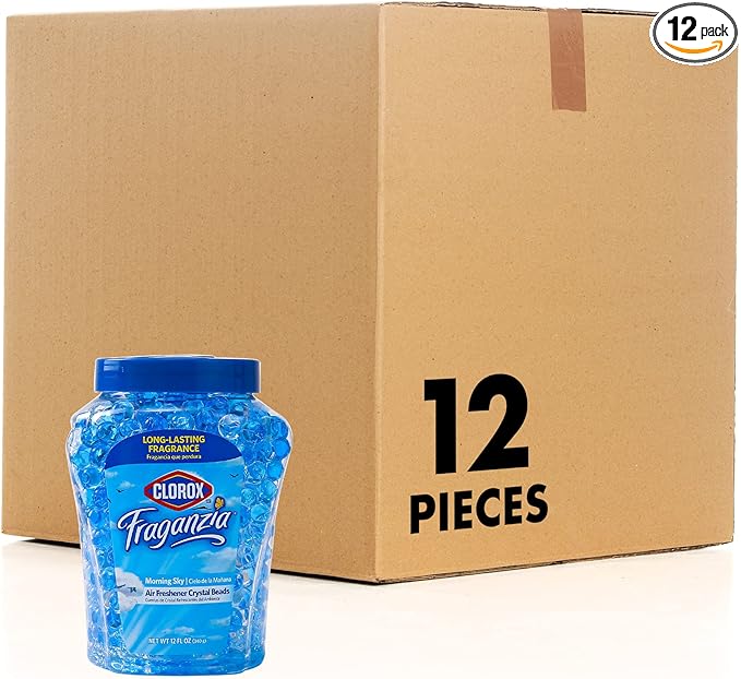 Clorox Fraganzia Crystal Beads Air Freshener, Long Lasting Room Deodorizer and Odor Eliminator Gel Beads to Freshen Home, Car, or Office, Morning Sky Scent, 12 Fl Oz - 12 Pack