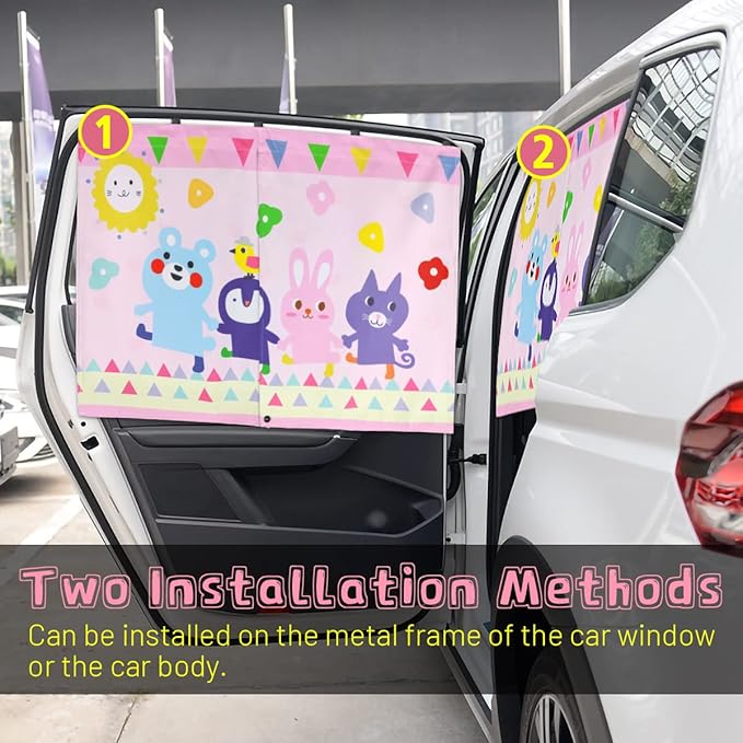 Car Window Shade for Baby, 2pcs Magnetic Auto Sun Shades for Side Windows Double Layer Full & Half Shade Options, Cute Patterns Car Window Curtains for Sun Glare Block