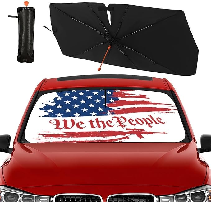 Socira Vintage USA American Flag Car Windshield Sunshade Umbrella Foldable Visor Umbrella Sun Shade Cover Sunshade Front Window Cover Car Accessories Blocks Uv Rays (57" X 30")