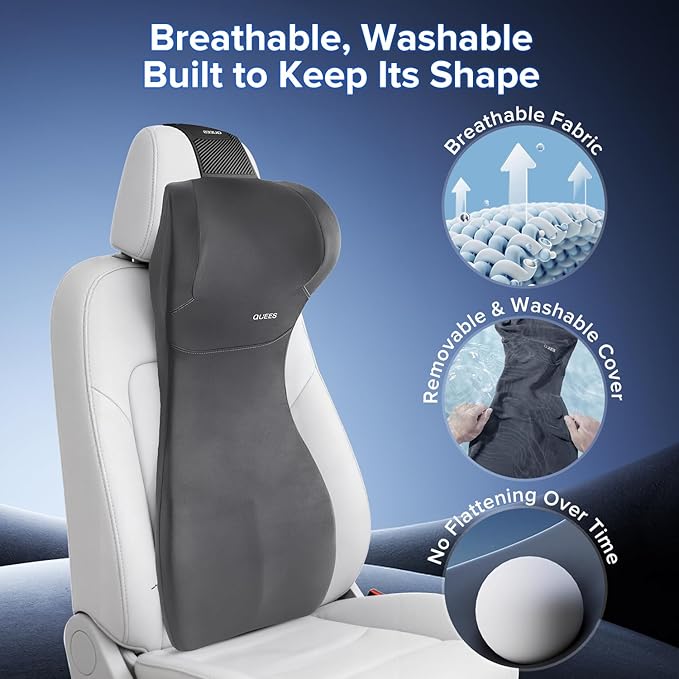Lumbar Support Pillow for Car with Headrest, Memory Foam Cushion for Back & Neck Support, Muscle Fatigue Relief, Full-Length S-Curve Support for Long Drives, Fits Cars, SUVs, Trucks