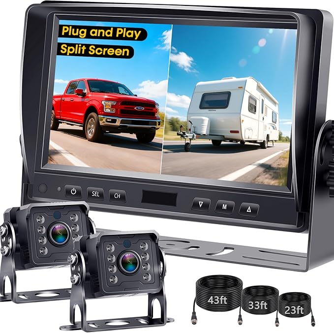 Dual RV Backup Camera System: 7" Monitor with Split Screen No Lag Easy Installation Plug and Play HD 1080P Rear View Camera Wired Kit IP69 Waterproof IR Crystal Night Vision for Truck Tractor R4
