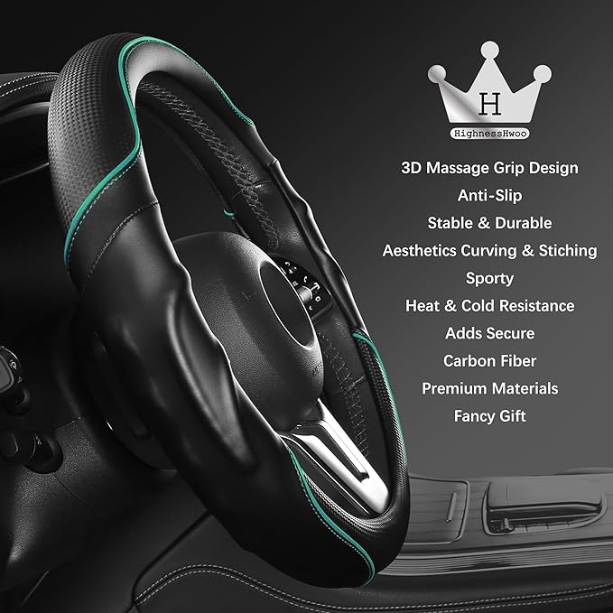 3D Car Steering Wheel Cover Comfort Grip Massage Sporty Anti-Slip Carbon Fiber Faux Leather for Sedan SUV, Universal Fit, Car Handle Covers for All Seasons, 14.75-15.15in, Green