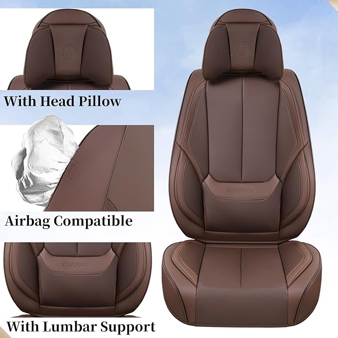 Coverado Universal Seat Covers Front, Universal Seat Covers for Cars, 2-Pack Waterproof Nappa Leather Car Seat Covers with Head Pillow, Auto Protectors Fit for Most Sedans SUV Pick-up Truck-Brown