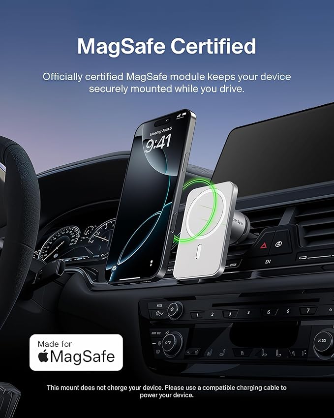 Belkin MagSafe Car Vent Mount Pro, Magnetic Phone Holder for iPhone 16/15/14/13/12, Secure Grip, Portrait & Landscape View, Cable Management, Air Vent Clip, Magsafe Compatible, Silver, Includes Cloth