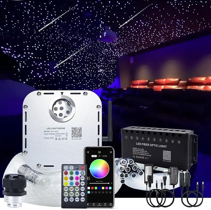 AKEPO 32W RGBW Twinkle+Bluetooth App Control+Music Mode+Meteor Shooting Star Effect Fiber Optic Lights Kit, Star Ceiling Sky Light 1000pcs of 0.75mm 16.4ft/5m Fiber Strands for Car & Media Room Decor