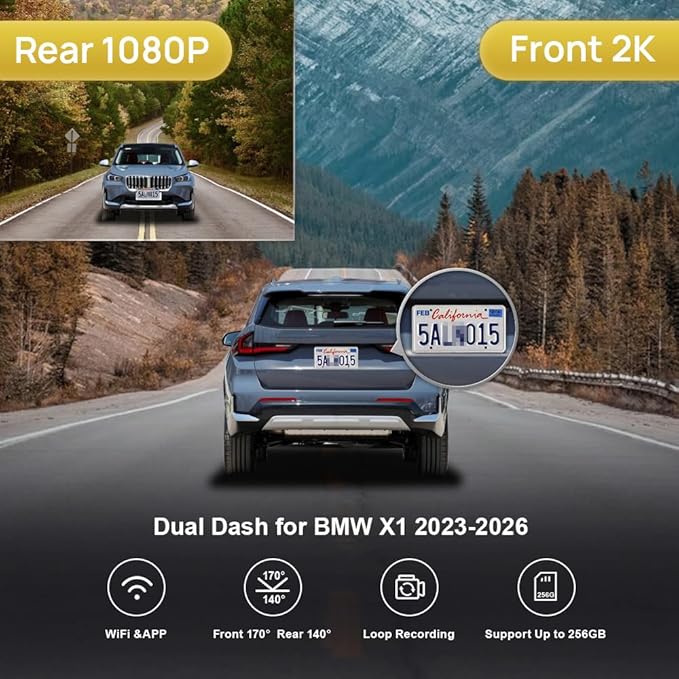 Fitcamx Front 2K+Rear 1080P Dash Cam Adapts for BMW X1 2023-2026 Xdrive28i M35i U11 (HD2-6576), OEM Style, 2 Way HD Video, Built-in WiFi & APP, Loop Recording, G-Sensor, Easy to Set, 64GB Card