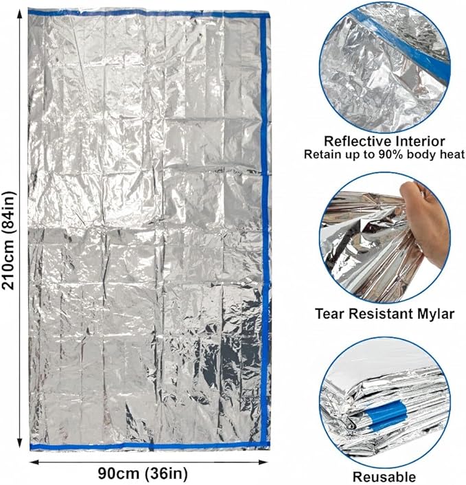 Mylar Emergency Thermal Blanket Sleeping Bag for Survival (2 Pack), Thick Reusable Mylar Space Blankets Bulk 84"L x 36"W Emergency Foil Blankets for Camping, Warmth, Runners, Spa, First Responders