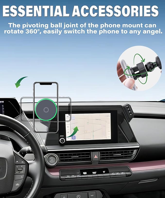 Car Phone Holder for Toyota Prius 2023 2024 2025 2026 Accessories 15W MagSafe Fast Wireless Charger Cell Phone Mount Apply to 8 Inch Touch Screen Fixed Clip 360° Rotation