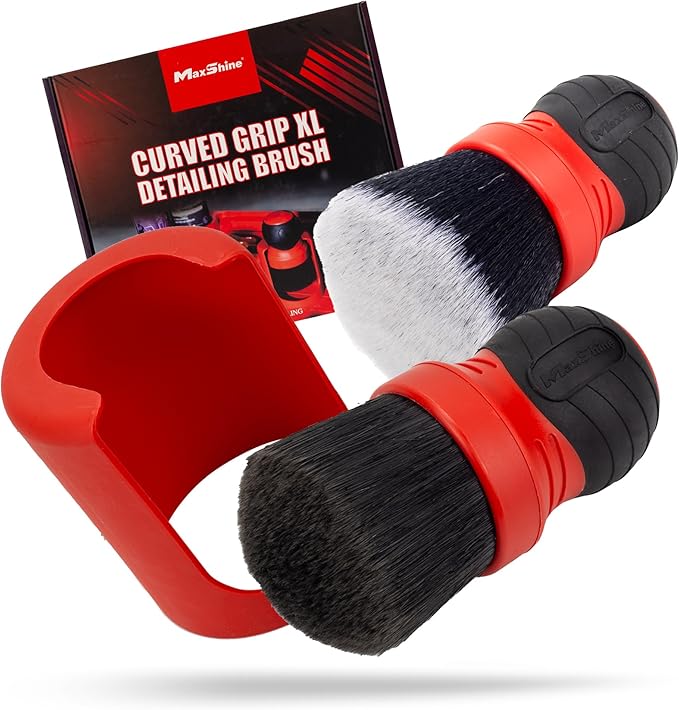 Maxshine Universal Red & Gray Combo Ultra-Soft Large Bristle Brush with Storage Rack | Curved Grip Interior Detailing Brush for Dashboard, Displays & Air Vents | Premium Car Cleaning Accessory