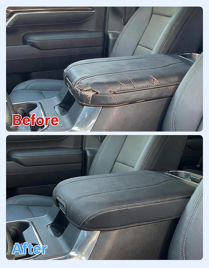 Center Console Armrest Cover for Chevy Chevrolet Silverado 1500/GMC Sierra 2019-2026, Tahoe/Suburban/Yukon 2021-2026, PU Leather Middle Console Lid Protector Cushion Thick Pad Black/Gray(Bucket Seat)