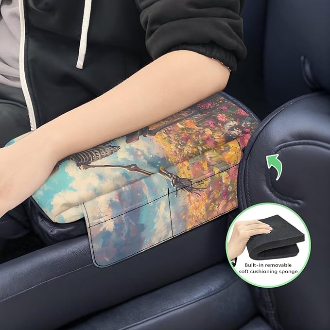 Armrest Cover Pad for Car, Car Center Console Pad with 4 Storage Bag, Skull Floral Universal Car Decor Accessories Fit for Most Cars, Vehicles, SUVs