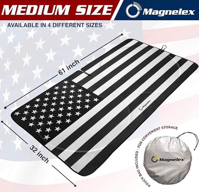 American Flag Windshield Sun Shade, High-Resolution Car Sun Shield with Mirror Cut-Out for Automotive Interior Sun and Heat Protection, Folding Sunshade with Storage Bag - Medium, Black & White