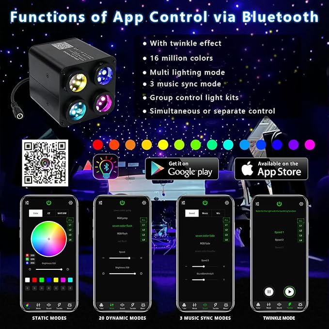 AKEPO 36W 4 Color Twinkle Fiber Optic Starlights Headliner Lights Kit, Optical Fibers Music Sync Bluetooth APP Control Starlight Kit, 1000pcs*13.1ft